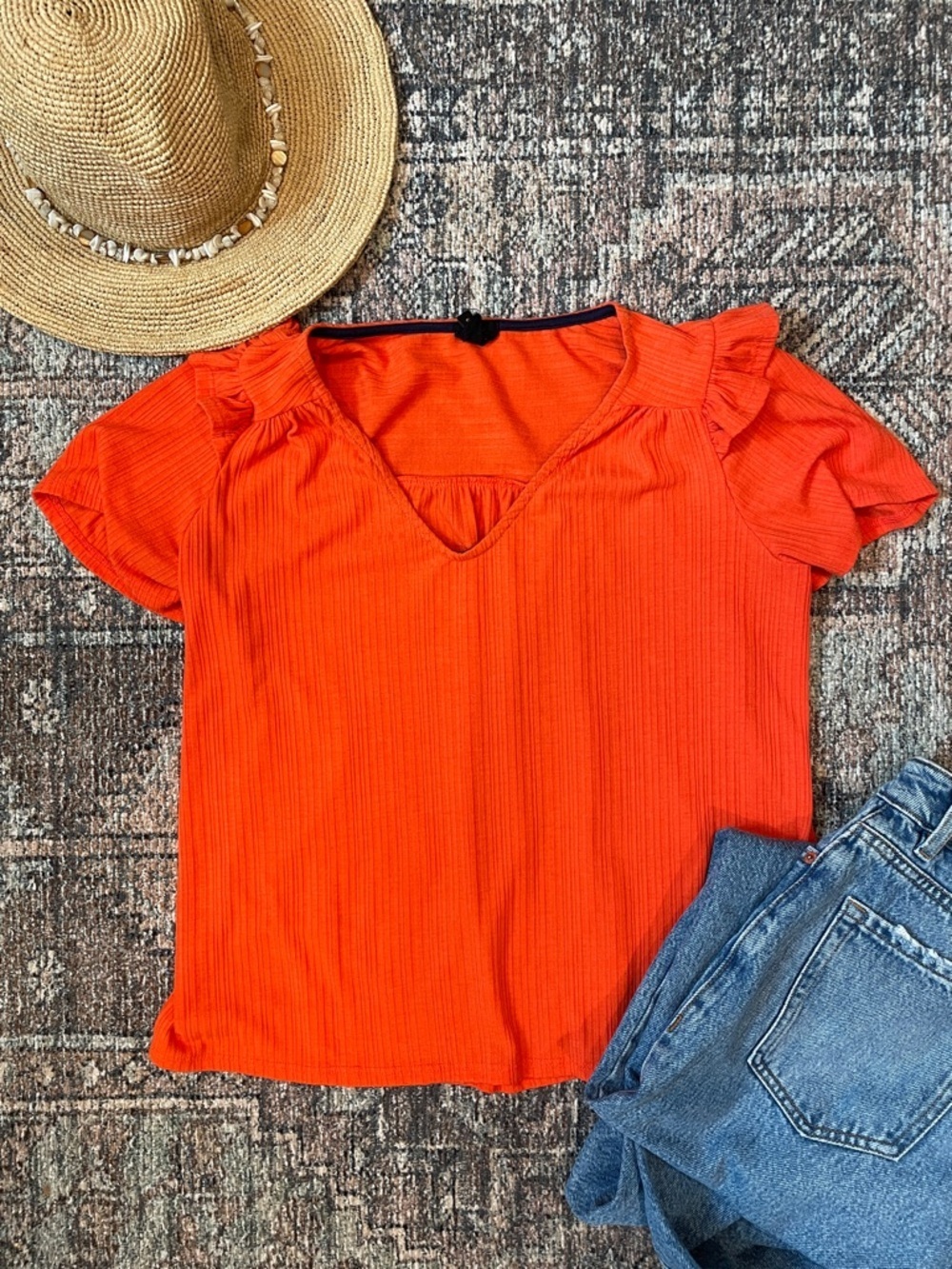 W5 Orange Ruffle Sleeve Top Size S V Neck Lightweight Summer Blouse